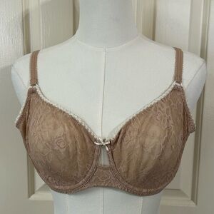 B.tempt'd Tan Sheer Floral Lace Bralette with White Bow and Trim accent 36D